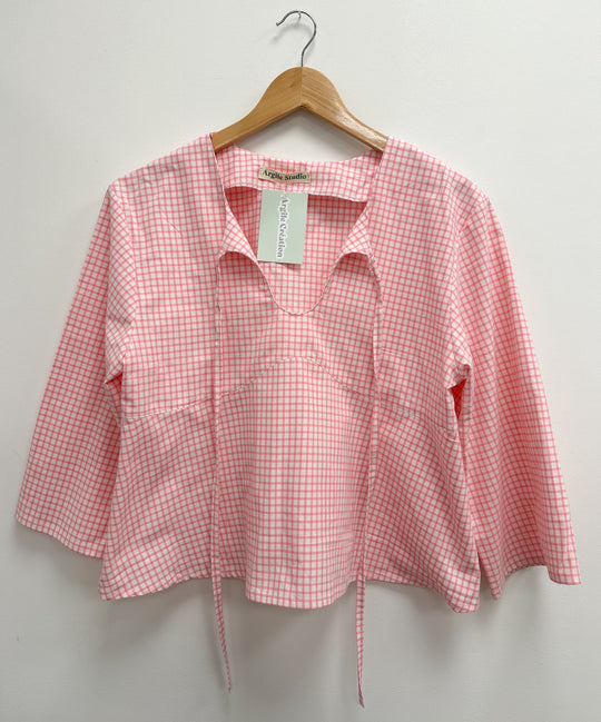 Blouse upcyclé vichy rose et blanc - S