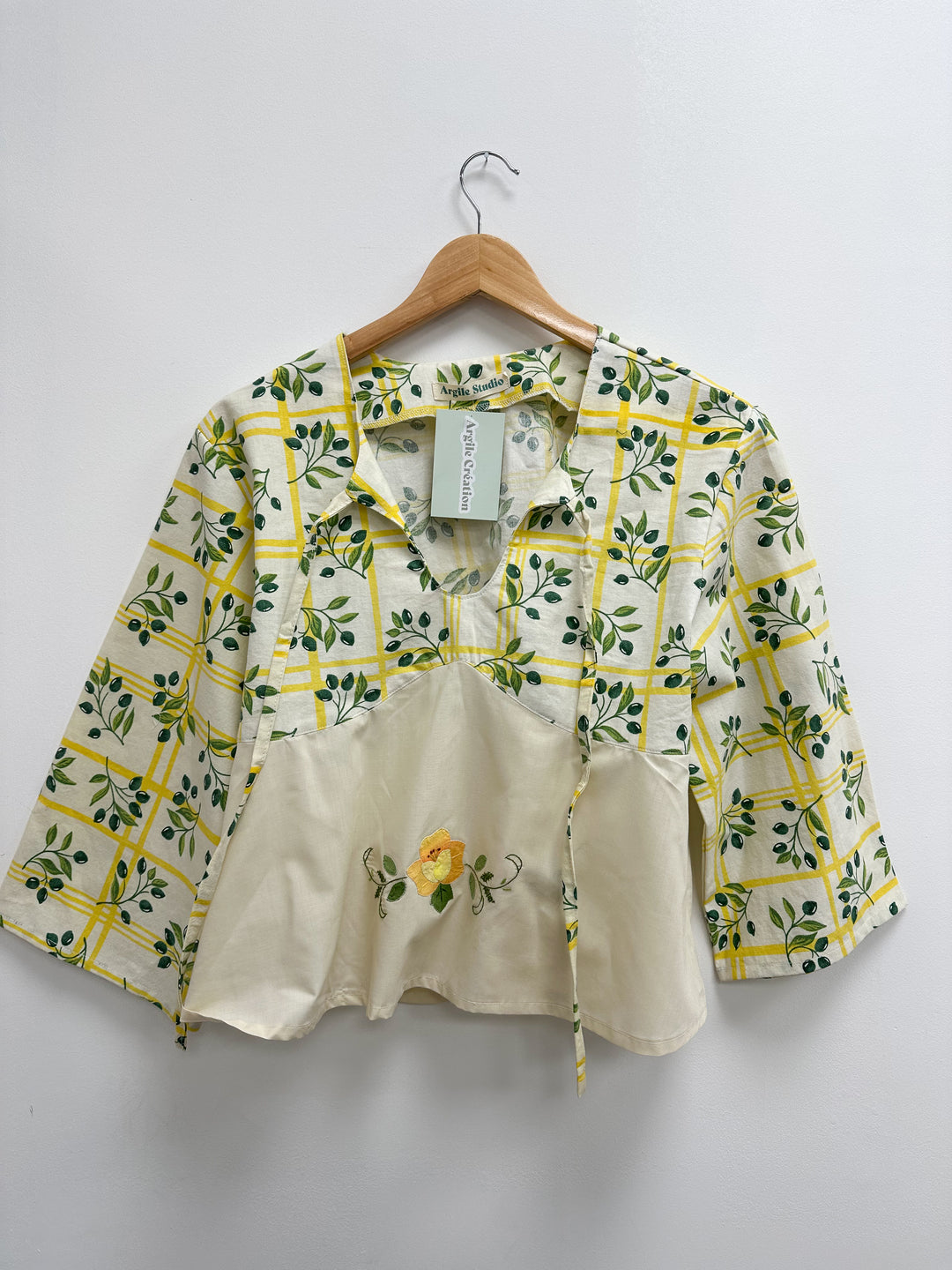 Blouse upcyclé jaune à motifs - S