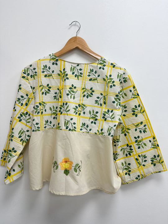 Blouse upcyclé jaune à motifs - S