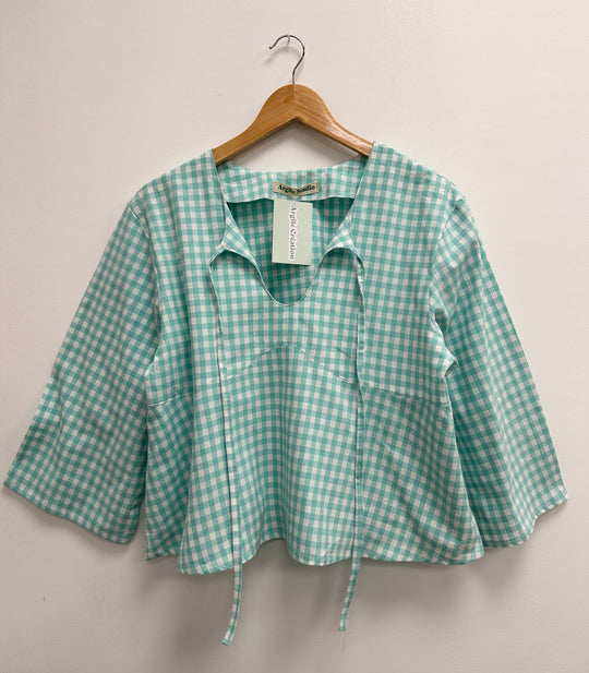 Blouse upcyclé vichy blanc et vert d’eau - M/L