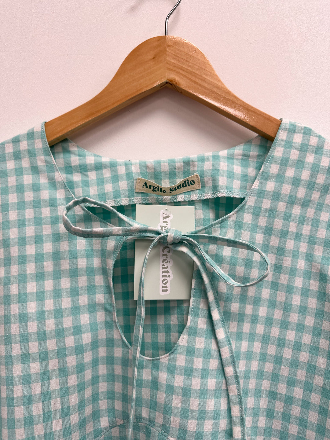 Blouse upcyclé vichy blanc et vert d’eau - M/L