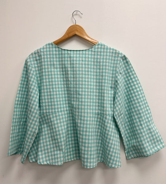 Blouse upcyclé vichy blanc et vert d’eau - M/L